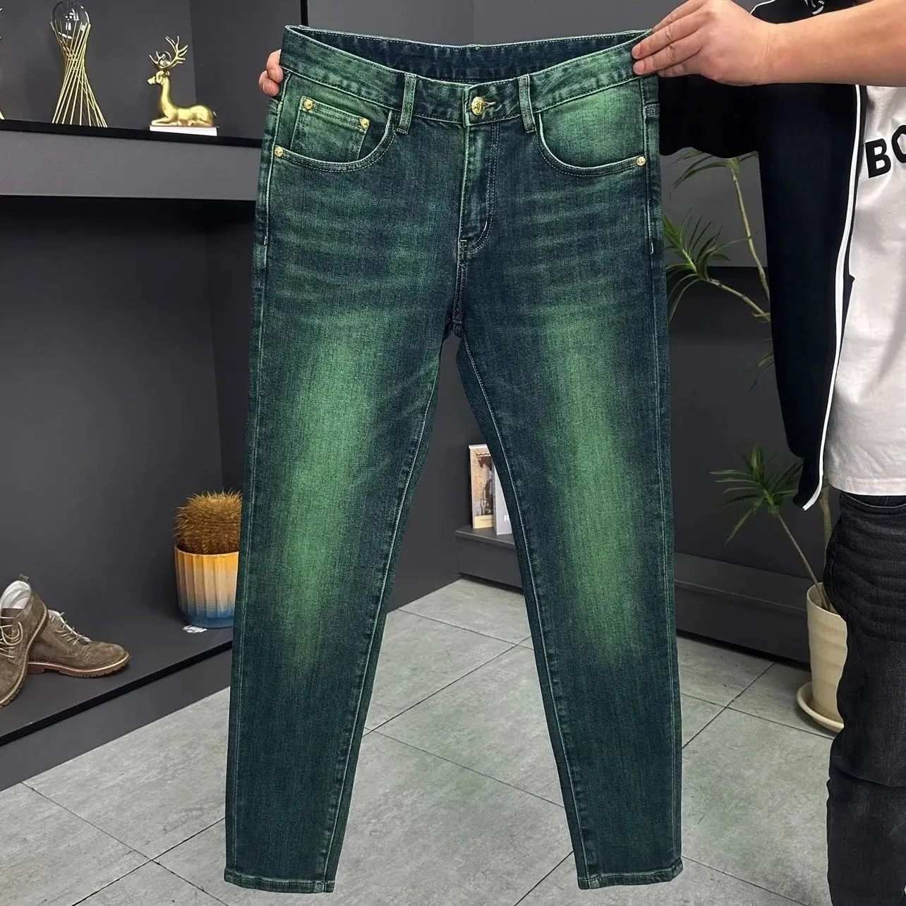 Men's Green Water Ghost Jeans Slim Fit Small Feet High Quality Gradient Color Daily Casual Youth Suitable for All Seasons — image 3