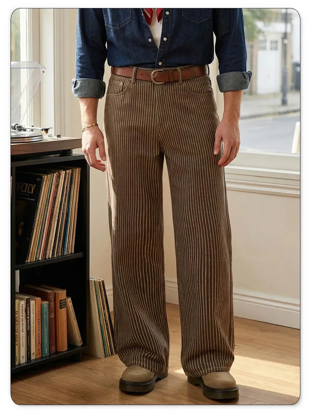Japanese Korean Vertical Striped Jacquard Wide-leg Jeans British Retro Striped Business Casual Baggy-Fitting Denim Pants — image 4