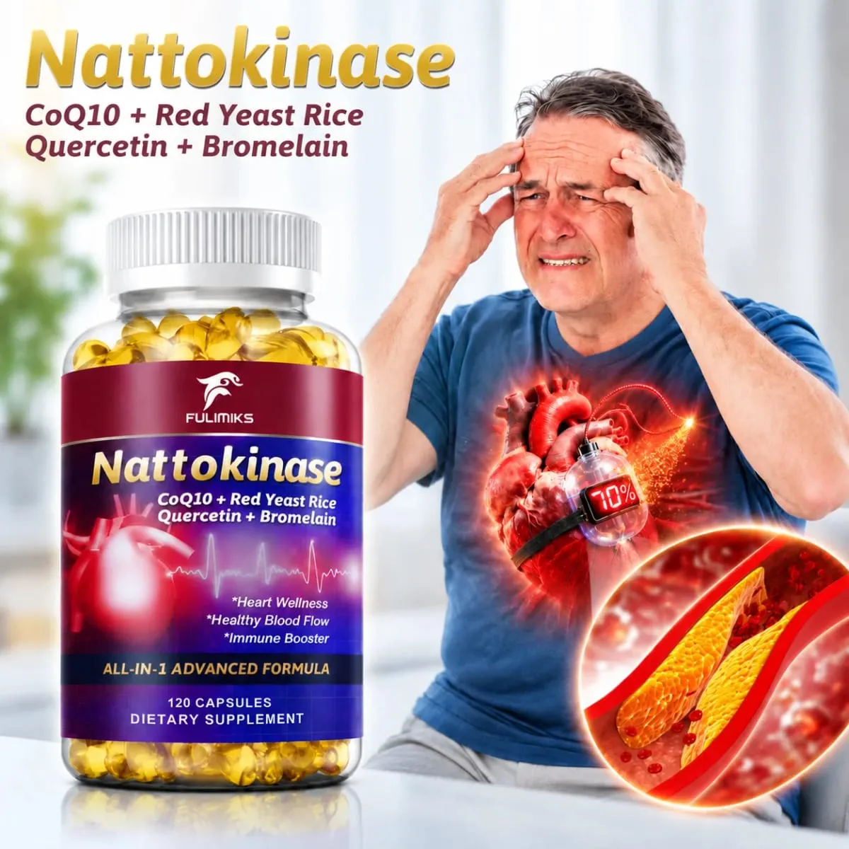 Nattokinase Capsules with CoQ10 Quercetin Support Healthy Circulation Blood Flow & Heart Inflammation Vitality & Longevity — image 1