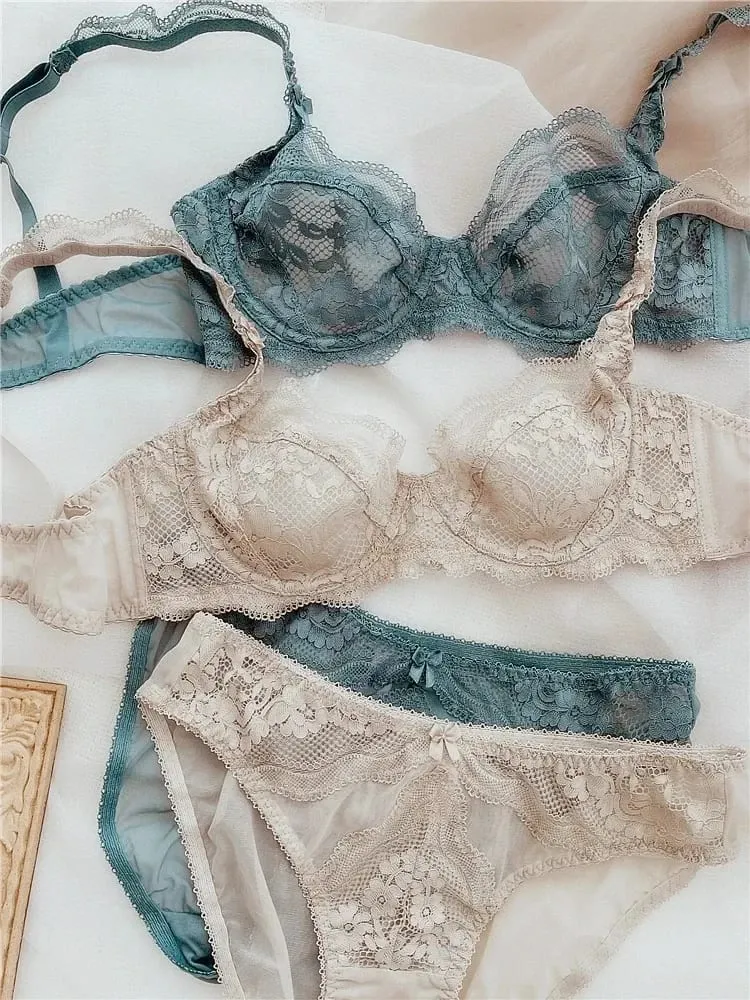 Ultra-Thin Lace Bra & Panty Set Push-Up with Light Padding Sheer Lingerie in Large Sizes