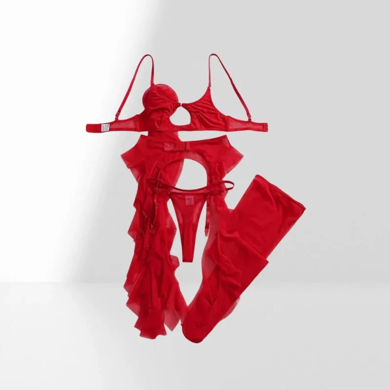 Red See Through Mesh Bra Set With Red Rose Decor Ruffle Edge Shapewear For Women Sexy Lingerie Split Set Sexy Lingerie Female — image 2