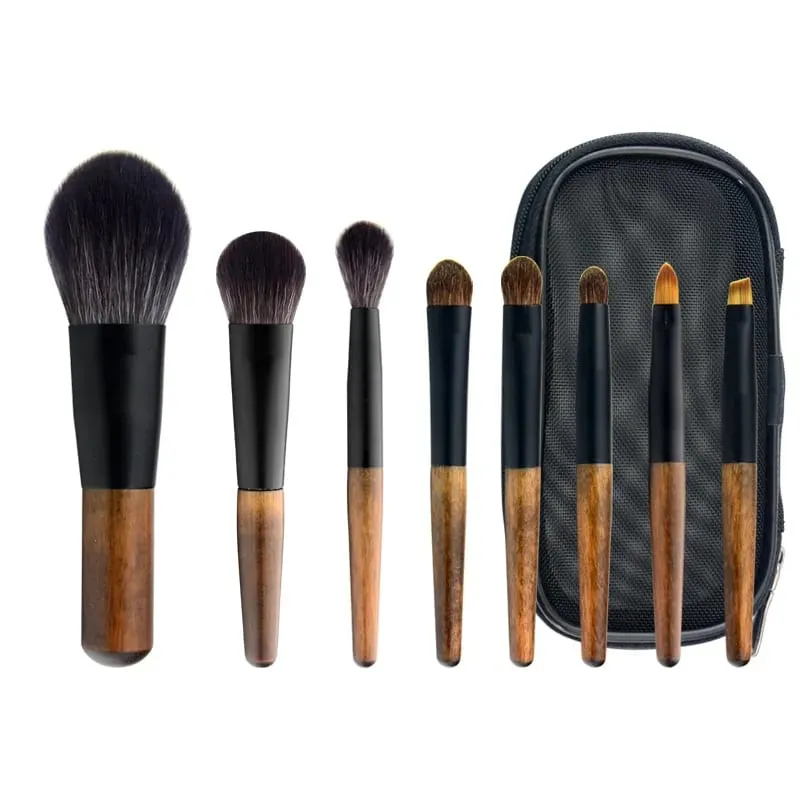 8Pcs 미니 여행 메이크업 브러쉬 세트 파우치 나무 손잡이 화장품 브러쉬 페이스 파우더 블러쉬 형광펜 컨실러 아이 섀도우
