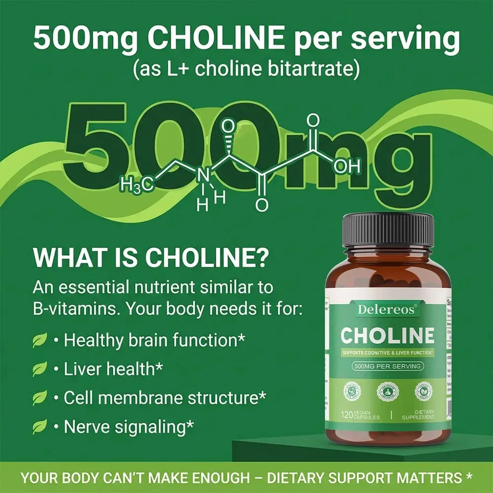 Choline 500mg - High Potency Choline Supplements Supports Cognitive Performance & Liver Function Vegan Capsules Non-GMO — image 2
