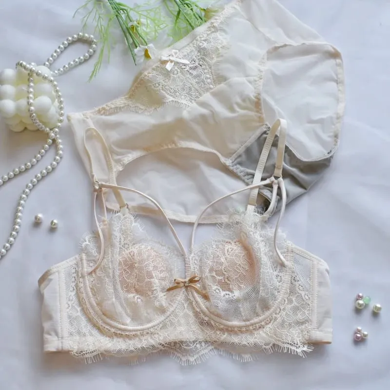 Korean Hot Trend Pure Desire Lace Bra Set Underwire Thin Cup Push Up Large Bust Visually Small Anti Droop Lingerie 32-38 Hot — image 13