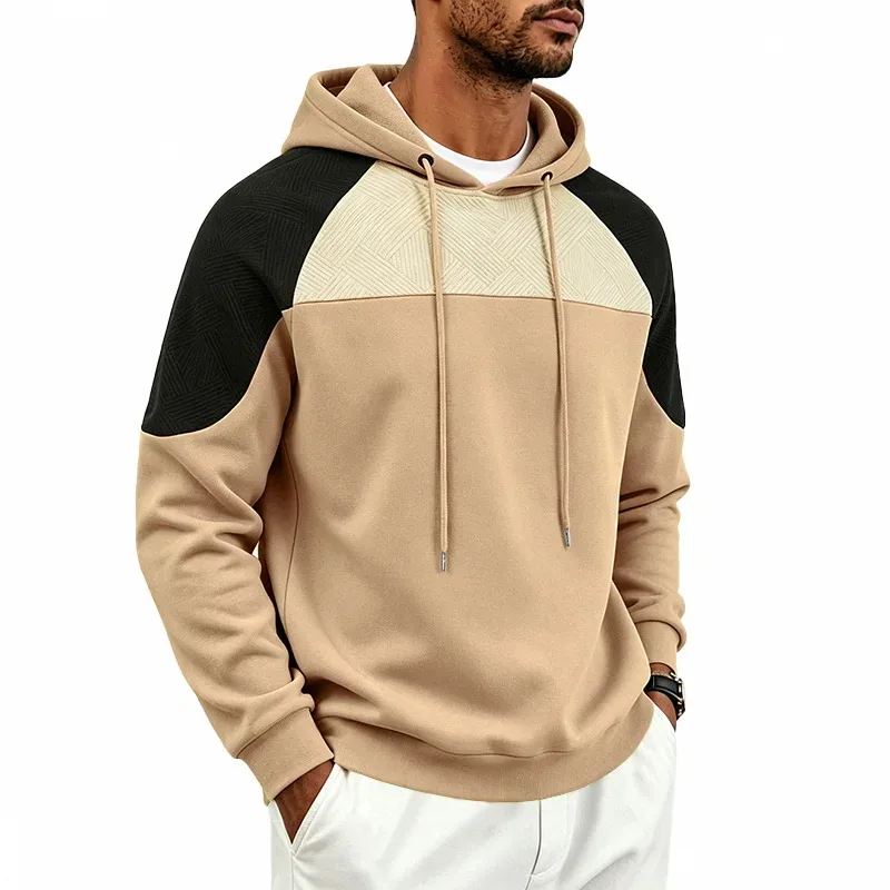Autumn Winter Men Color Block Raglan Hoodie Textured Chest Panel Drawstring Kangaroo Pocket Loose Casual Streetwear Sweatshirt — image 9