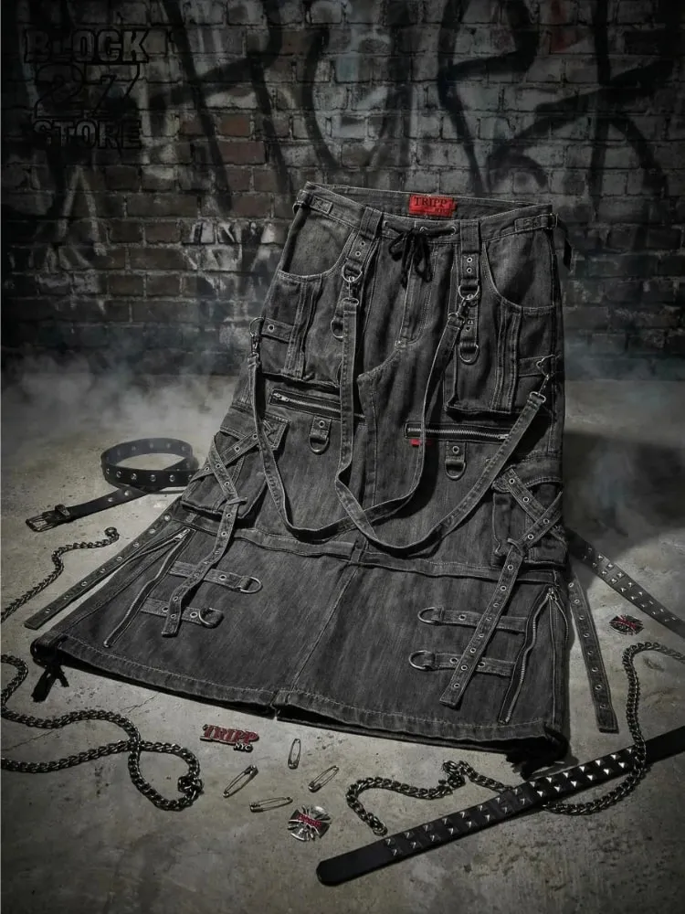 Mens Jeans Harajuku Vintage Gothic Punk Dark Grey Cargo Denim Pants Metal Buckles Chains Multi Pocket Adjustable Strap Y2K New — image 2