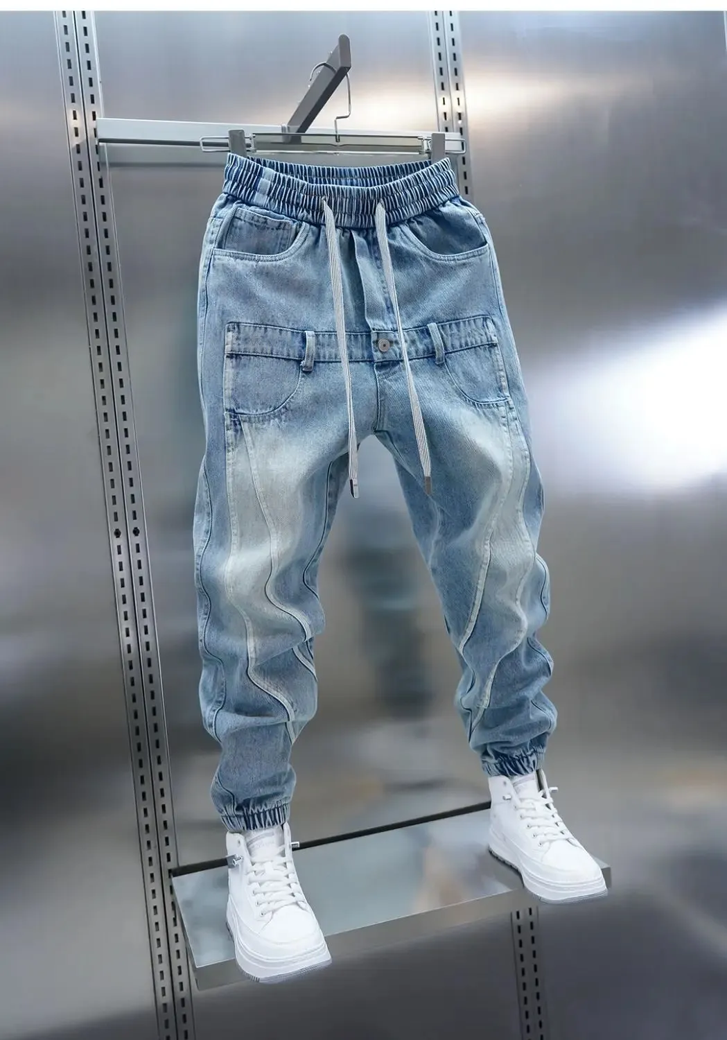 2026 Light Blue Gradient Harem Jeans Outdoor Casual Loose Fit Long Trousers Brand Men's Clothing — image 7