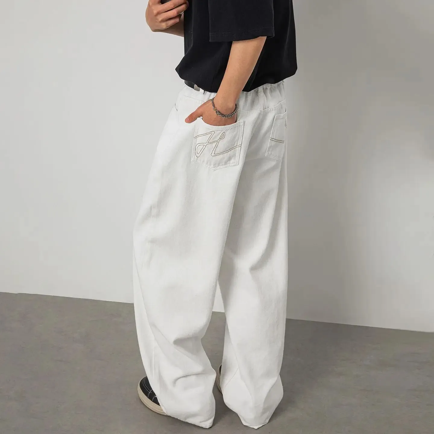 100% Cotton White Jeans Classic Embroidered Straight Loose Korean Retro High Street Y2K Casual Wide Leg Pants for Men and Women — image 2