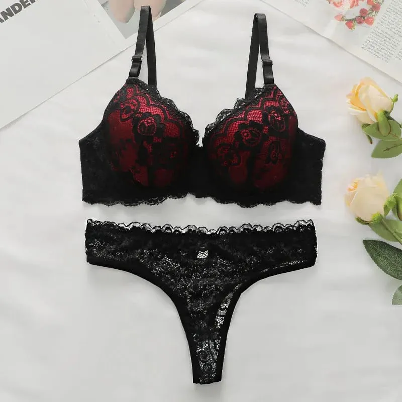 Women's Red and Black Lace Bra and Panty Set Push Up Underwire Lingerie 2026 — image 1