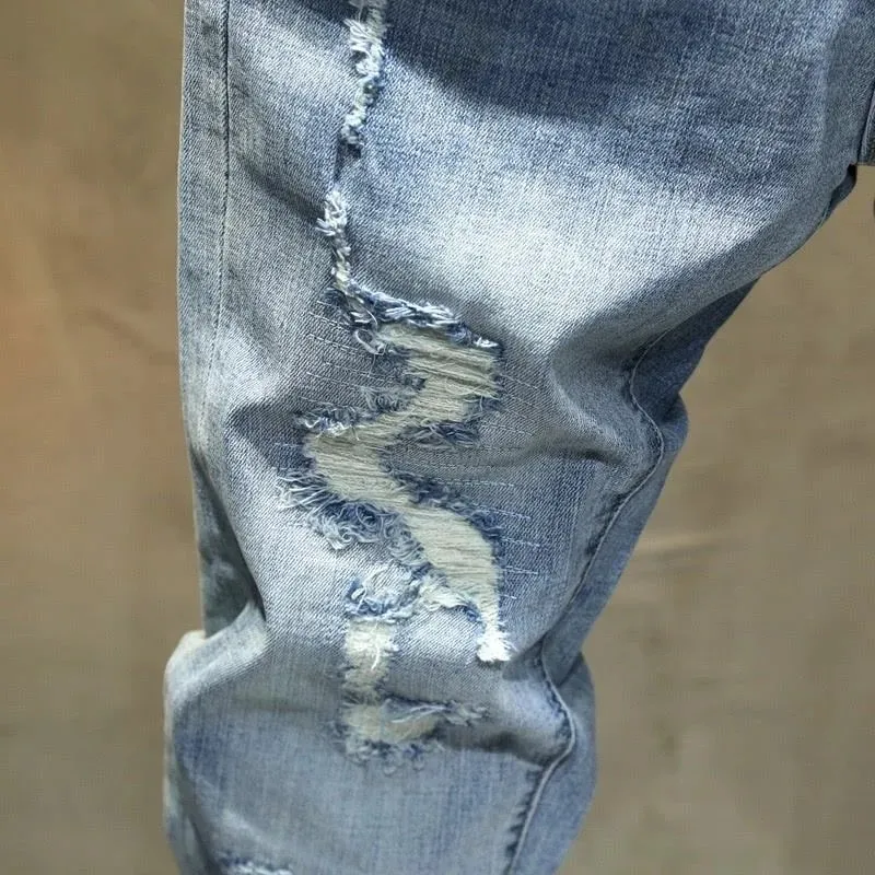 Spring and Autumn New Fashion Trend Solid Color Perforated Straight Leg Elastic Jeans Men's Casual Sports High-Quality Jeans — image 6
