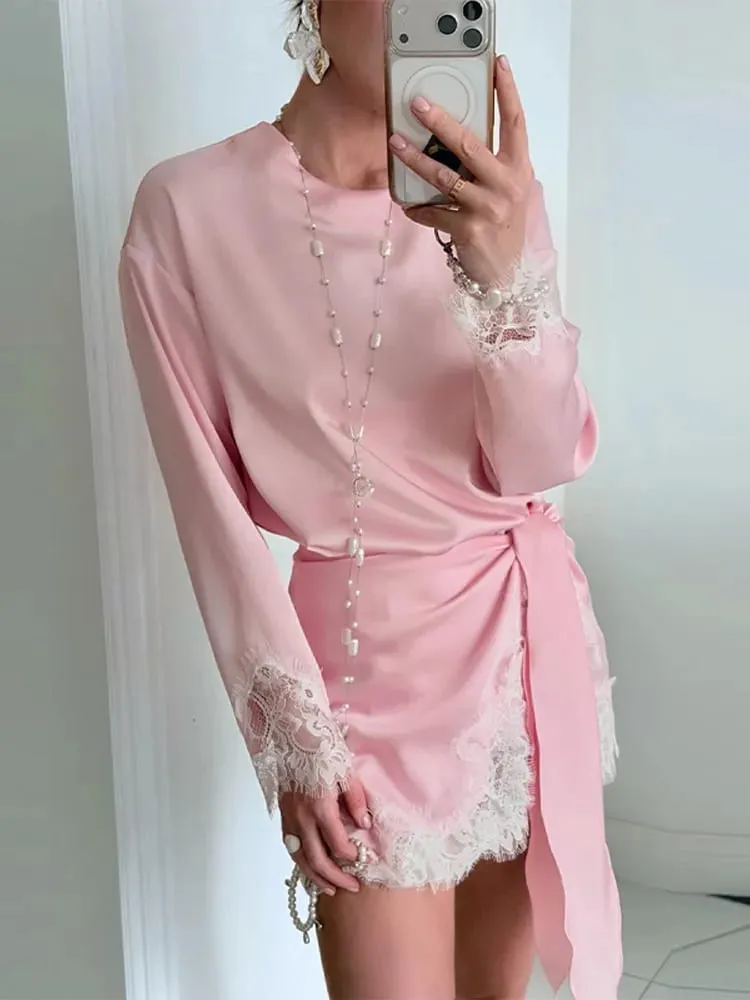 Elegant Women's Dress O-neck Full Sleeve Loose Solid Lace Hem Female Short Dresses 2026 Spring Summer New Sexy Fashion Lady Robe — image 7