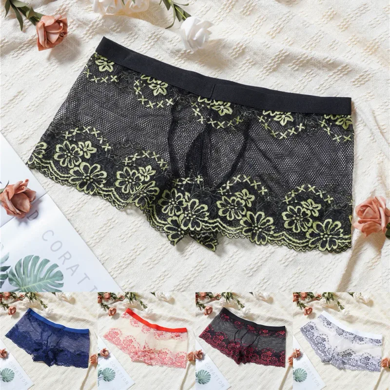 Men Lace Jacquard Mesh Boxer Shorts Underwear Hollow Temptation Exotic Trunks Silk Soft Quick Dry Breathable Sexy Panties — image 8