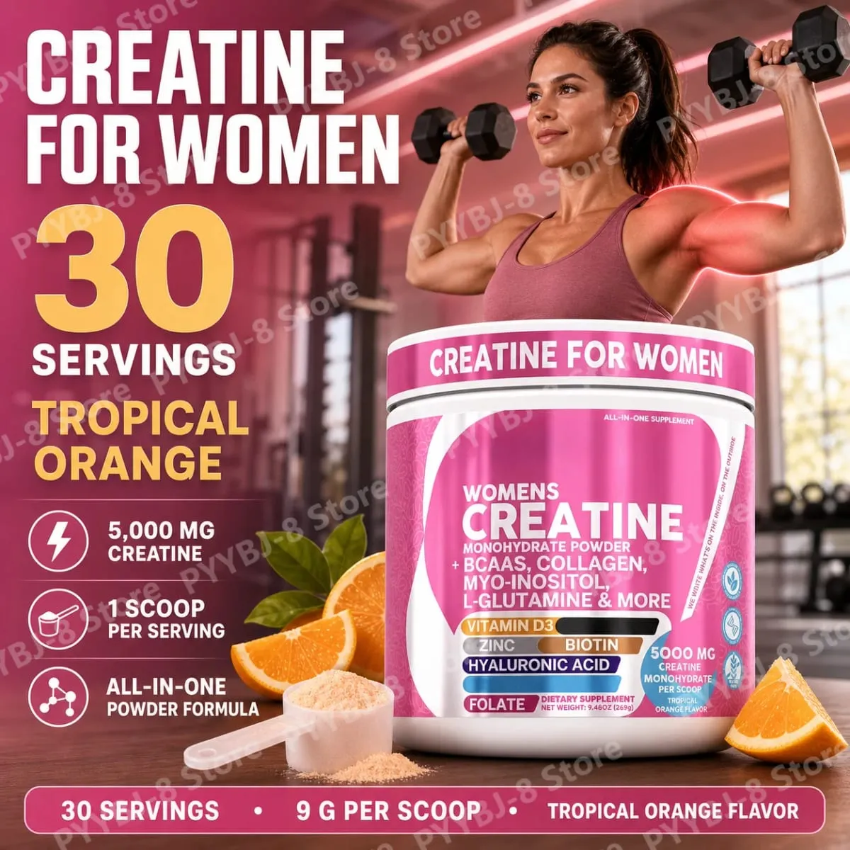 Créatine monohydrate en poudre pour femmes, 5000 mg, BCAA, multi-collagène, biotine, vitamine D3, orange tropicale, nutrition sportive, 30 portions — image 2