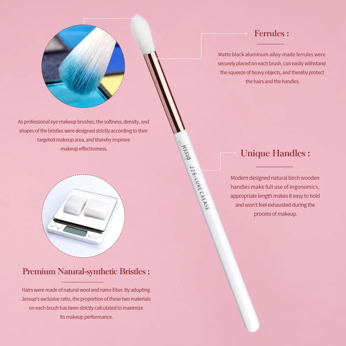Jessup ชุดแปรงแต่งหน้า 15 ชิ้นชุดแปรงตาสังเคราะห์ธรรมชาติอายแชโดว์ Eyeliner Eyebrow Blending Pearl สีขาว T217 — image 3