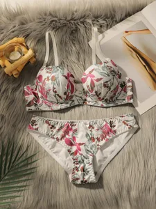 Women Pretty Printed Push Up Bra & Panty Set Lace Underwire Bras Sexy Lingerie Set para sa Babae Kumportableng Pang-araw-araw na Underwear