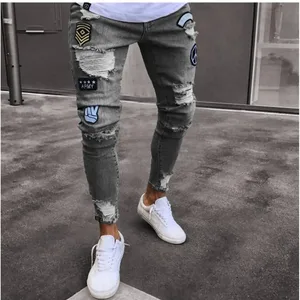 Men Stretchy Ripped Skinny Biker Embroid