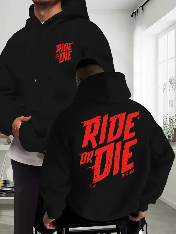 Tunggangan Hoodie Bikers atau Mati Surat Grafis Cetak Belakang Baju Besi Bersaiz Besar Pakaian Jalanan Motosikal Musim Gugur Musim Sejuk