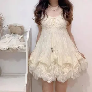 2026 여자 일본 달콤한 레이스 꽃 Y2k 미적 붕대 그런지 드레스 하라주쿠 민소매 패치 워크 빈티지 드레스 세련된