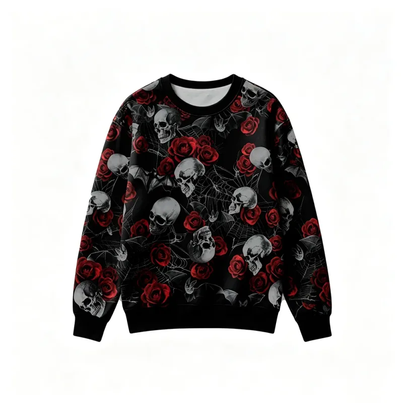 Gothic Style Skeleton Rose Print Sweatshirt Men's Retro Casual Crew Neck Pullover Clothes Harajuku Hip‑hop Street Fashion Tops