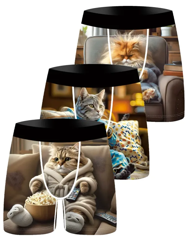 3 pièces hommes Boxer slips mignon paresseux chat 3D impression sous-vêtements doux extensible mâle caleçon drôle nouveauté cadeau Boxer Shorts