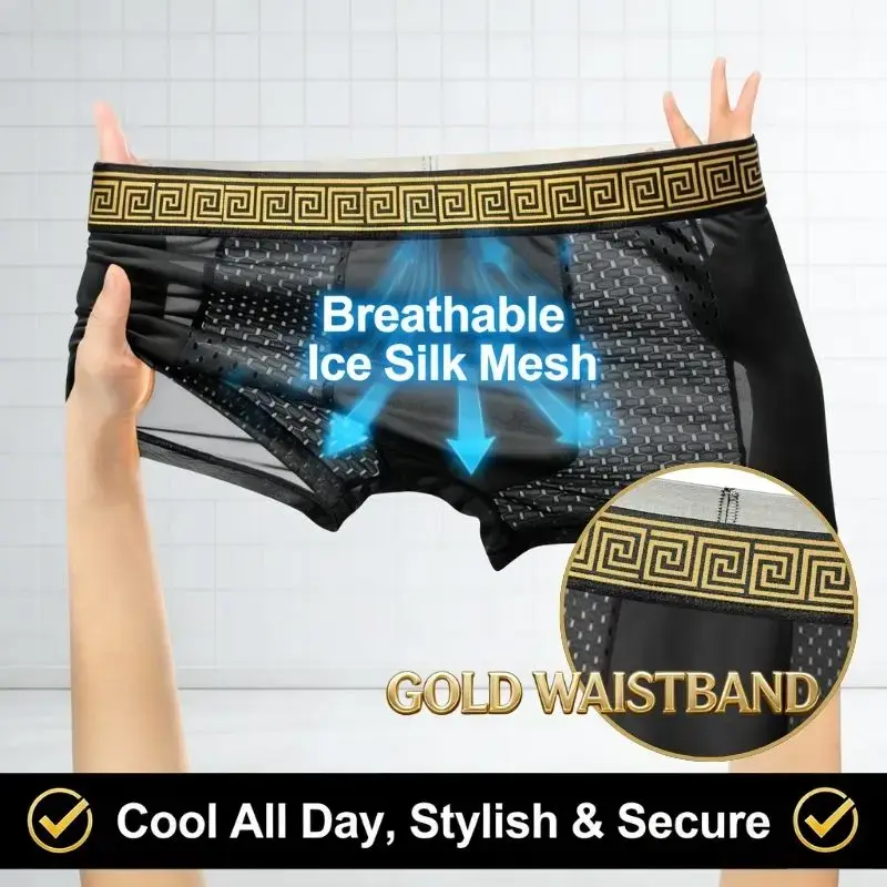 Mens Ice Silk Mesh BoxerBriefs Gold Greek Waistband Breathable Underwear Quick-Dry Bulge Pouch Sports Trunks Plus Size Summer