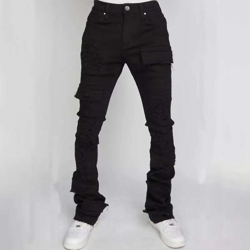 Jean Long en Denim évasé pour homme, pantalon droit à trous, coupe cintrée, taille haute décontractée, épissure de poche à boutons, automne hiver