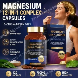 Magnesiumglycinaat 12-in-1 complex Slaap- en stemmingsondersteuning Spier- en botgezondheid Citraat Malaat Tauraat 120 Capsules Niet-GMO