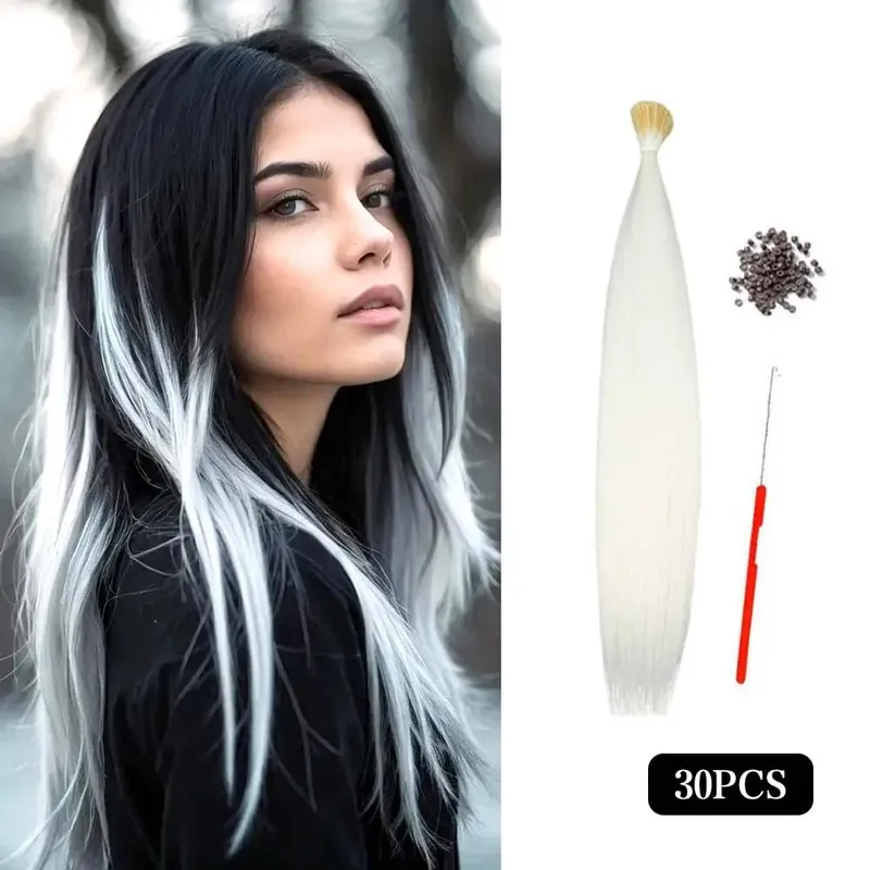 30pcs Colored Hair Extension 16-Inch I-Tip Synthetic Extensions. This long-style kit for women includes beads and a crochet tool