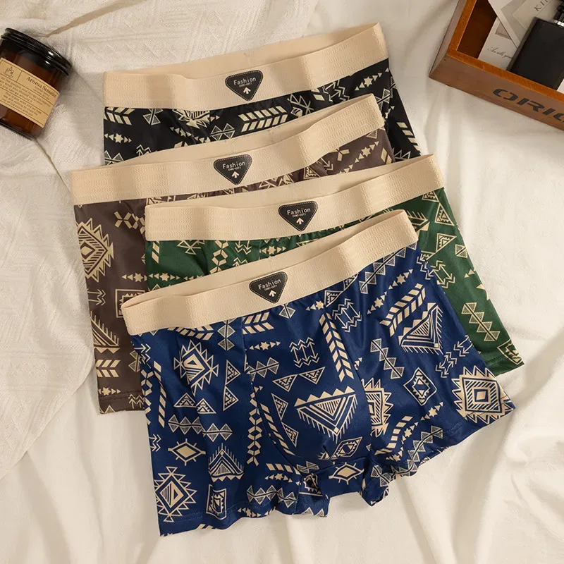 Men's Boxer Retro Ethnic Style Comfortable Smooth Fabric Briefs Vintage Print Elastic Underwear for Man Lingerie Flat Underpants