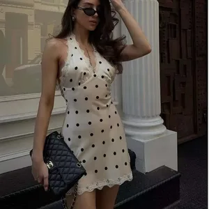 Lace Spliced Polka Dot Halter Dress Wome