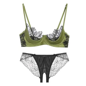 Ensemble de Lingerie demi-tasse en dentelle française pour femmes, soutien-gorge à armatures Ultra fin, transparent, doux et confortable, vert, pour petit buste 32 à 38AB