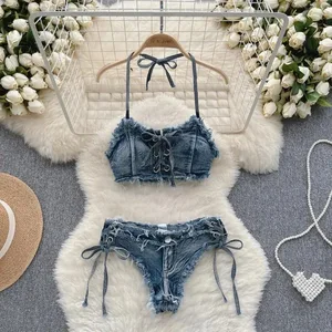 Rétro femmes Bikini Denim costumes été licou Camis + Mini pantalon Lingerie mode vacances maillots de bain Sexy soutien-gorge et slips ensembles