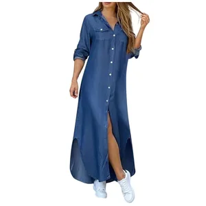 Robe longue en Denim pour femmes, manches longues, chemise, avec poches, boutons, imprimée, décontractée, ample, nouvelle collection automne 2023