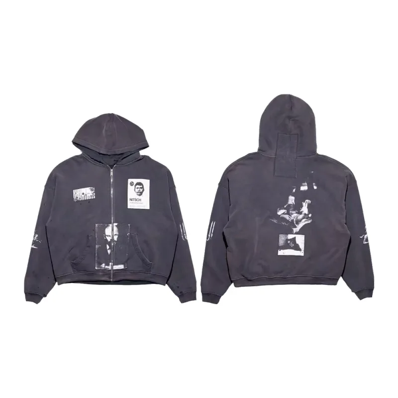 Y2k Subculture Graphic Zip Up Hoodies Hiphop Street Style Heavy Weight Cotton Retro Distressed Ripped Casual Loose Hoodies Men's