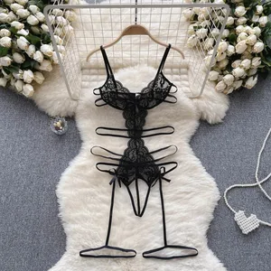 Body Camisole en dentelle ajourée pour femmes, col en v, dos nu, sans manches, Lingerie érotique, coupe cintrée, pyjama avec nœud, Sexy, combishort transparent noir