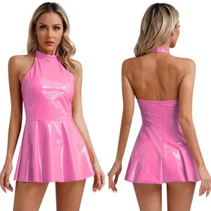 Błyszcząca lakierowana skóra błyszcząca Mini-line sukienka lateksowa dla kobiet spódnica typu swing Skater Bodycon Mini sukienka Rave impreza dyskotekowa odzież klubowa