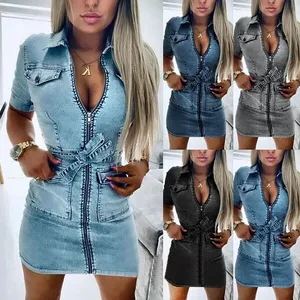 Robe en jean à manches courtes pour femmes, mode, fermeture éclair sur le devant, Bandage, poches moulantes, revers, Mini robe Slim