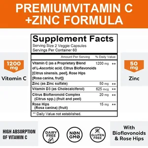 Viên nang Vitamin C 1200 Mg - với Kẽm - Hệ thống miễn dịch và Tăng cường Collagen Không biến đổi gen và Ăn chay không chứa gluten