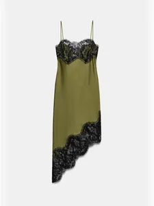 Chic Lace Patchwork Satin Camisole Dress Sleeveless See Through Irregular Hem Dresses 2026 New Party Daily Outdoor Casual Attire