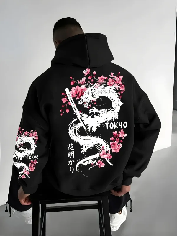 Men's anime-style dragon-patterned cherry blossom print hooded pullover for winter warmth loose and casual style