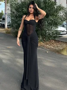 Nibber-vestido de retazos de malla con cuello Halter para mujer, vestido Hipster con hombros descubiertos y espalda descubierta, cinta fruncida a medianoche, fiesta de graduación