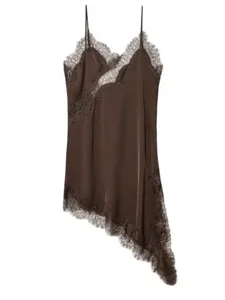 Vestido de cetim marrom com emenda de renda, elegante, bainha irregular, decote em v, costas nuas, sem mangas, vestido chique para mulheres, festa em clube