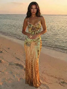 Vintage Print Sleeveless Irregular Hem Dress Women's Sexy Backless High Waist Slim Fit Vestidos Summer Lady Vacation Beach Wears