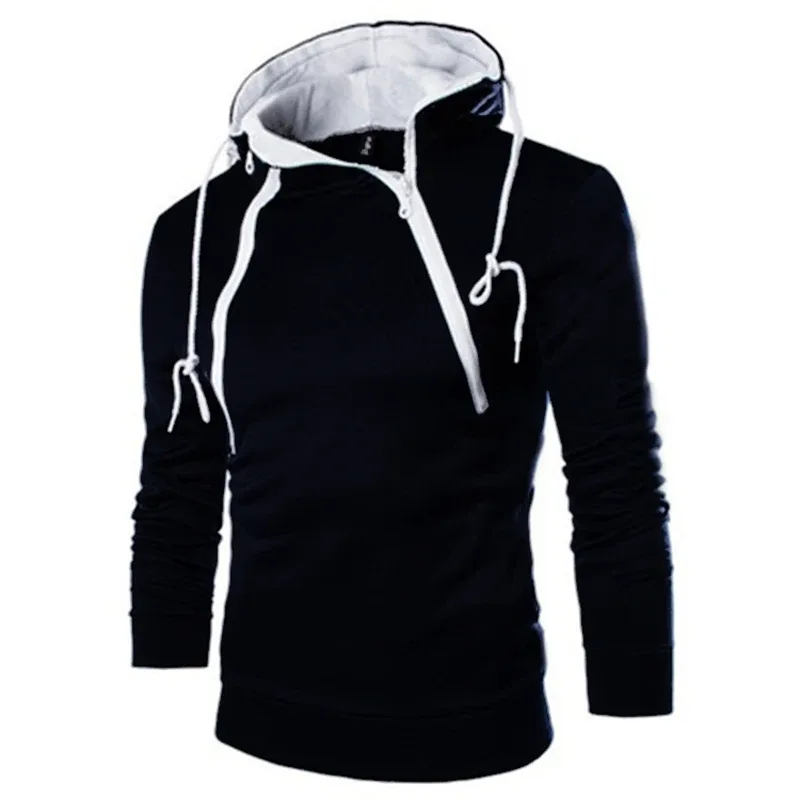 Hoodies Lelaki Sweatshirt Lengan Panjang untuk Lelaki Pullover Bertudung Zip Leher Tinggi Baju Sweater Lelaki Top Jaket Kot Sweater Hitam