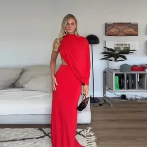 Vestido largo rojo asimétrico drapeado sin espalda, vestido de noche ajustado con cuello alto y un hombro para mujer, fiesta Formal