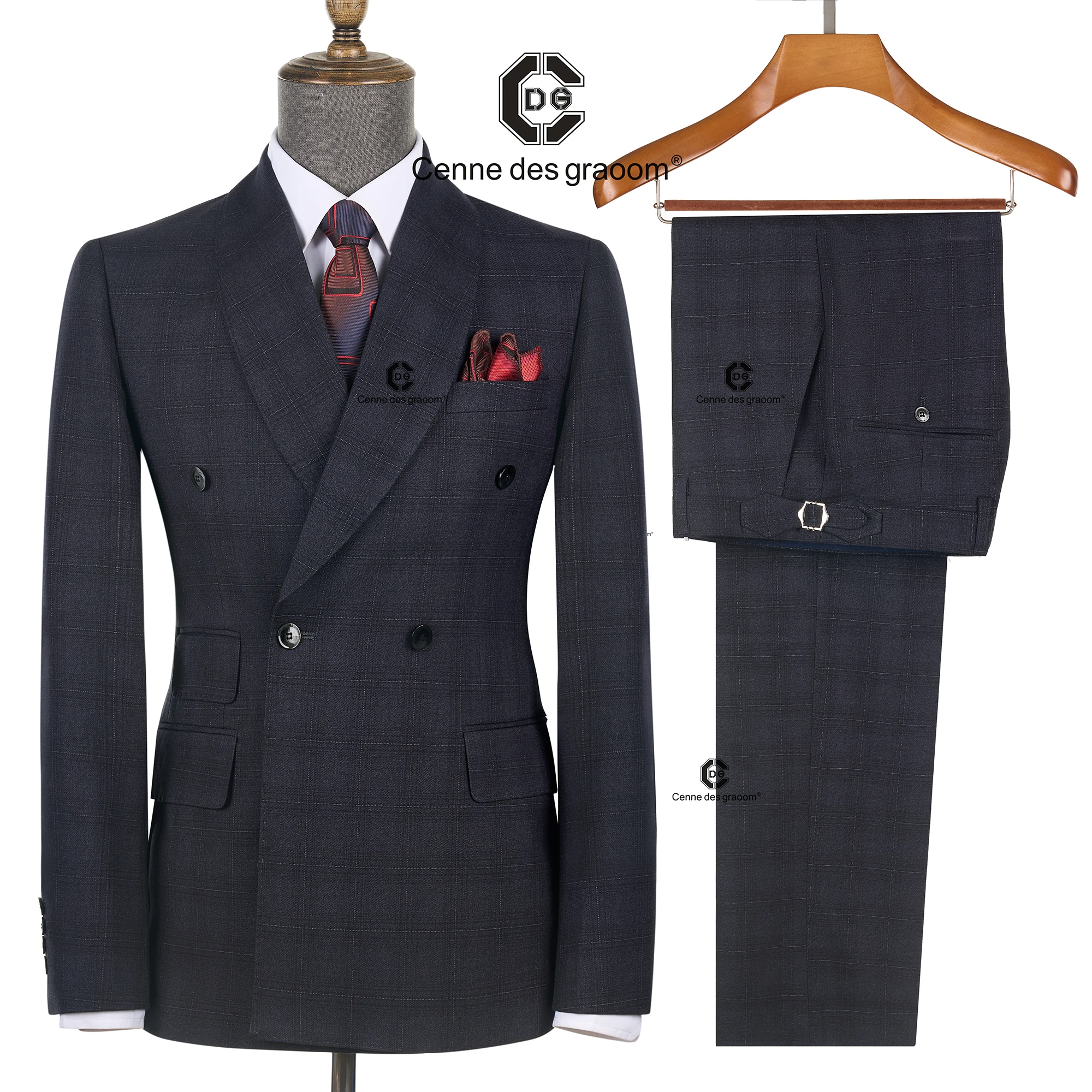 Cenne Des Graoom 2026 Dark Grey Plaid Double Breasted Men Suits With Shawl Collar Tailor-Made For Meeting Office Wear Wedding