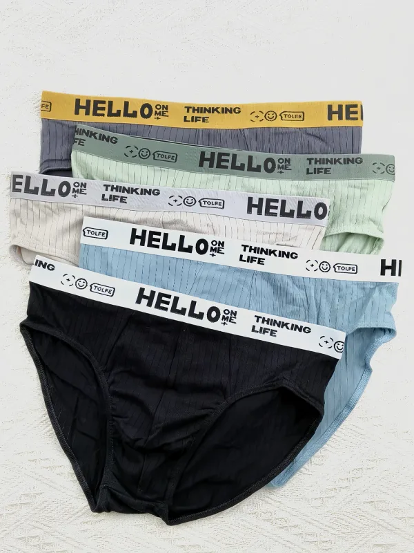 편안한 속옷을 위한 HELLO 허리밴드와 질감 있는 디자인이 있는 남성용 면 브리프 5팩