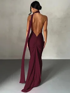 Hugcitar um ombro sem costas ajustável cachecol laço ruched sexy maxi vestido 2025 feminino elegante y2k streetwear festival outfit