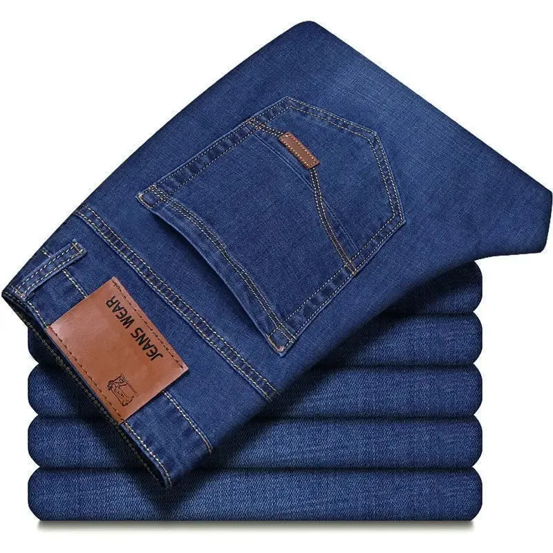 2024 Sommertynde mænds elastiske bomuldsjeans Mode Grå Komfortable Lige Business Lige Casual Bukser Højkvalitets mærkebukser