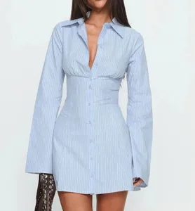 Verão feminino y2k camisa vestido emagrecimento cintura saia curta mini vestido cintura alta estilo glamour manga cheia gola regular